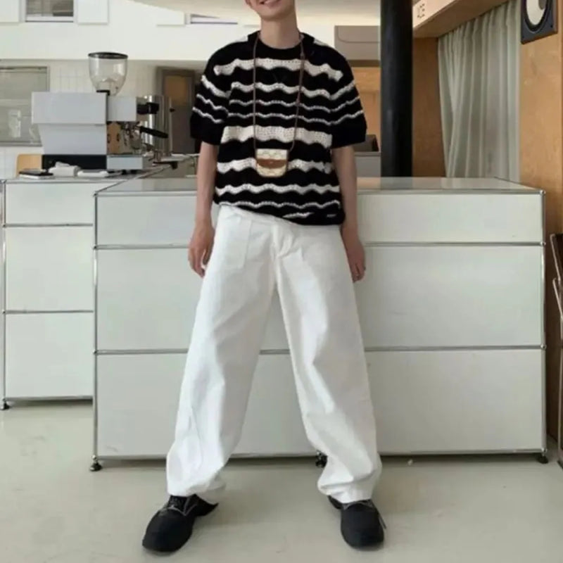 Skatercore Vintage print – Mens Knitted T Shirt Black White Contrast Striped Top Street