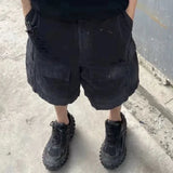 vintage ripped damaged black cargo shorts for men high street wide leg baggy overalls distressed summer knee length pants utility cargo pants