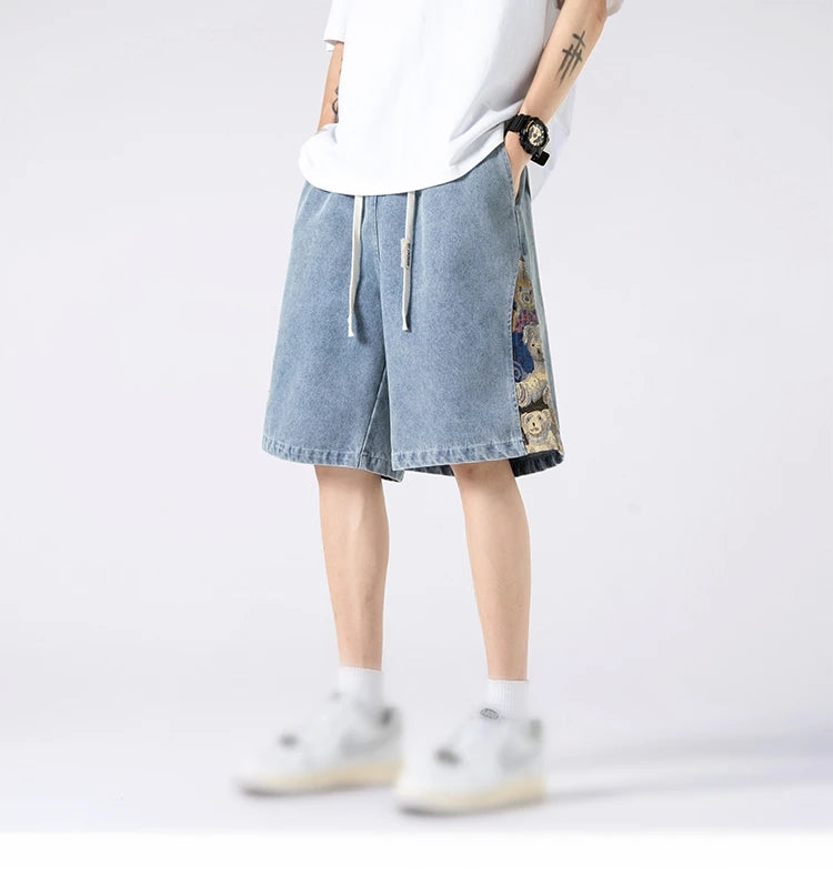 denim shorts mens trendy streetwear washed shorts side embroidery patchwork jeans shorts casual track pants unique jeans style 3279