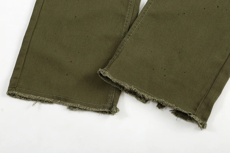 military green cargo jeans pants thin streetwear skinny micro horn ripped jeans hip hop raw edge speckle ink washed slim jeans unique cargo style 3534