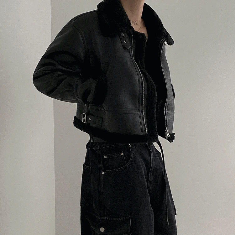 Winter Fur One-piece Cotton-padded Coat Men's Winter Korean-style Loose Suede Deer Leather Lambskin Motorcycle Leather Jacket
