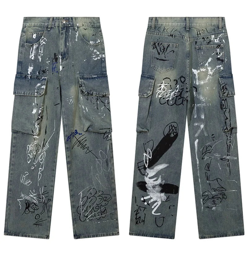 graffiti printed denim jeans unisex side pocket straight cargo jean trousers hip hop streetwear casual loose joggers jeans pants unique joggers style 3697