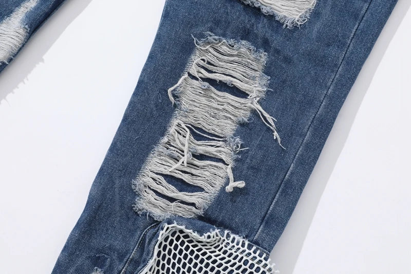 distressed skinny flared micro flare jean for mens mesh big destroyed ripped denim jeans hip hop biker jeans pants male unique jeans style 1334