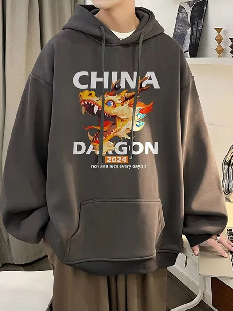 2024 New China Dragon Graphic Hoodies Men Hip Hop Streetwear Hoodie