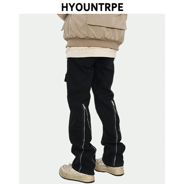 back zipper open cargo denim pants casual biker jeans fashion streetwear trousers hip hop flare pants joggers y2k men s jeans relaxed fit joggers