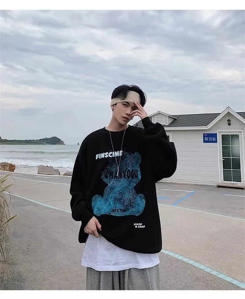 Graphic Blue Bear Kawaii Print Pullovers Hoodies For Men Autumn Fleece