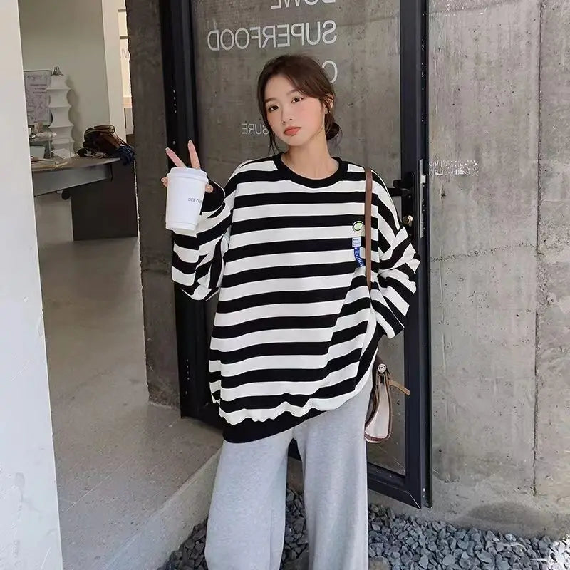 Original Korean New Style Loose Striped Sweatshirt American Harajuku C
