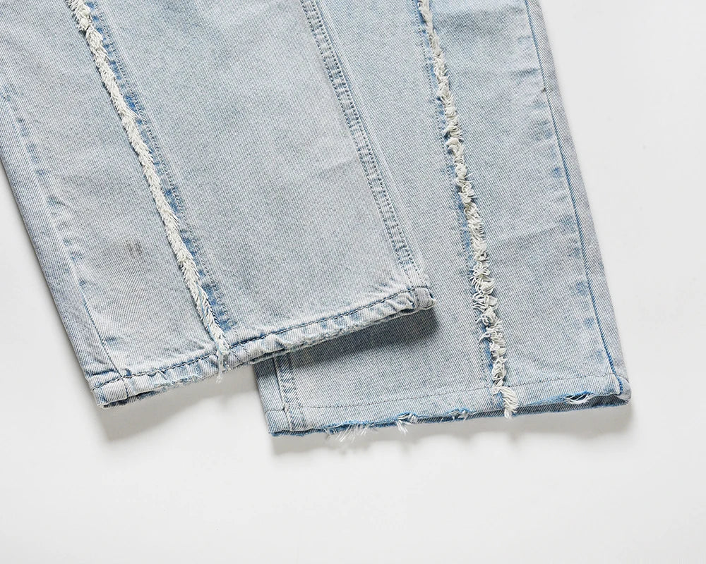 side striped washed ripped blue jeans for men and women streetwear baggy casual denim trousers straight light blue cargo pants unique cargo style 4292