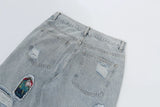 retro patch embroidered pleated jean for men street wear washed destroyed straight patchwork ripped jeans pants baggy hip hop unique jeans style 1069