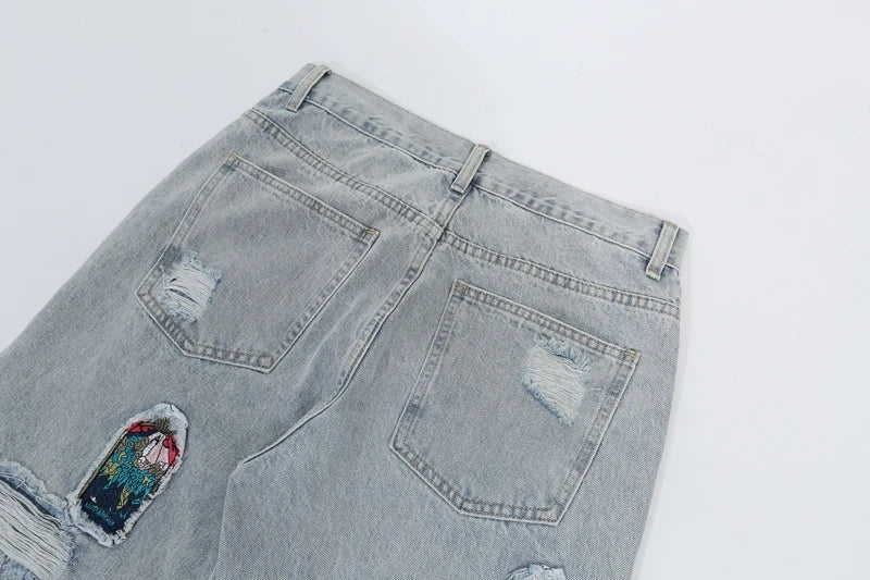 retro patch embroidered pleated jean for men street wear washed destroyed straight patchwork ripped jeans pants baggy hip hop unique jeans style 1069