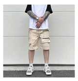Retro Fashion Vibe Summer Cargo Shorts Functional Pockets Press Glue Zipper Straight Shorts Baggy Casual Split Knee-length