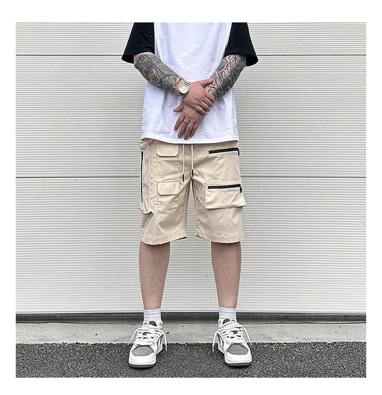 Retro Fashion Vibe Summer Cargo Shorts Functional Pockets Press Glue Zipper Straight Shorts Baggy Casual Split Knee-length