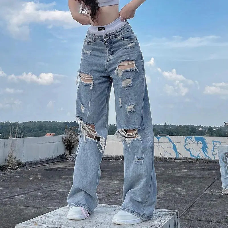 streetwear straight pants ladies ripped jeans mid waist loose wide leg pants ladies jeans y2k summer high street cargo pants unique cargo style 2732