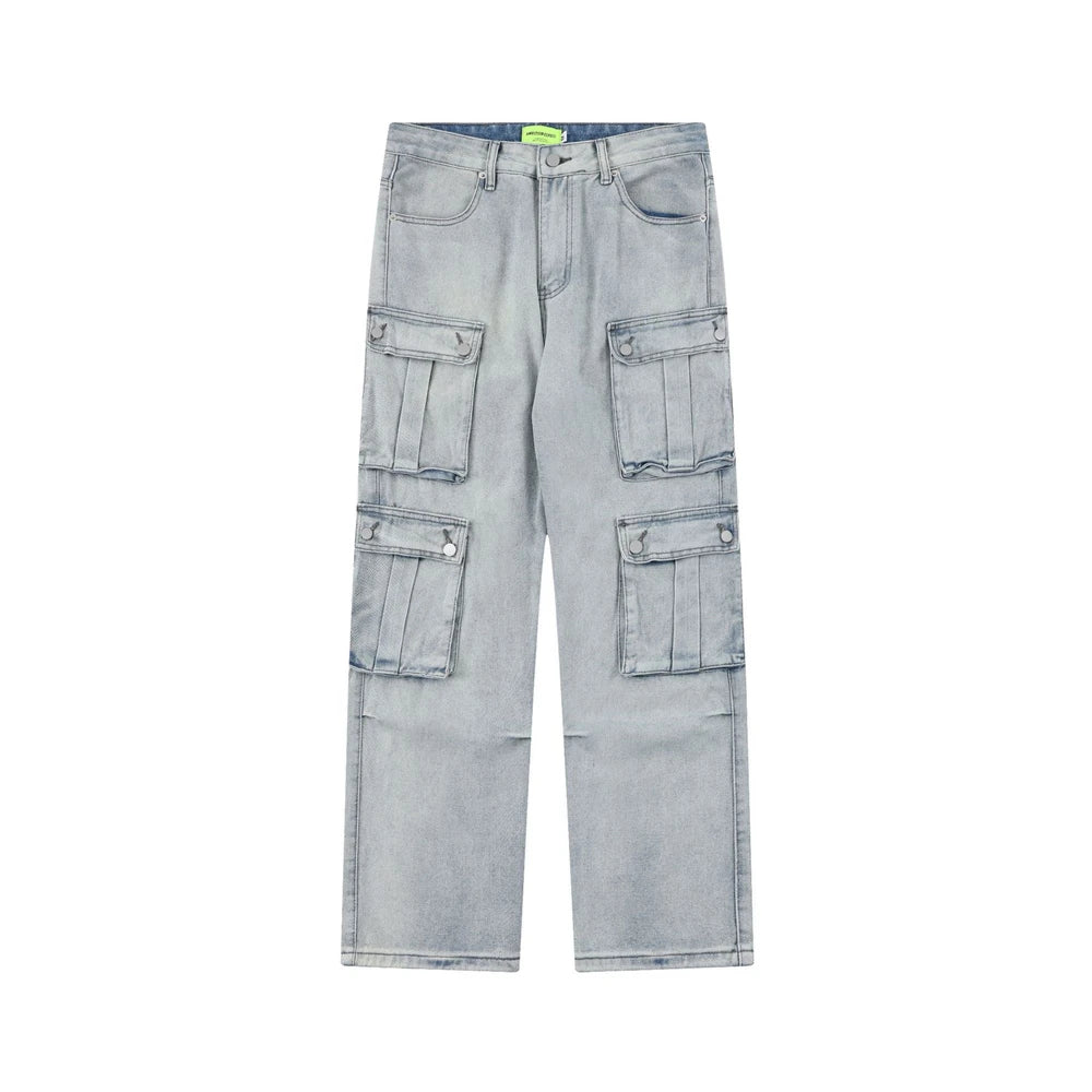 2024 multi pocket jeans vintage mens harajuku cargo denim pants retro hip hop straight loose jean pants unique cargo style 898