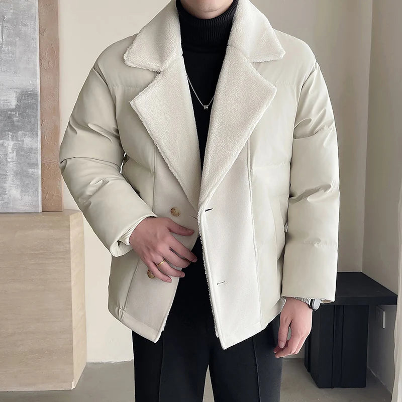 Men Winter Faux Fur Collar Splice Leather Business Casual Cotton-padded Jacket Streetwear Fashion Loose Leather Parka Coat