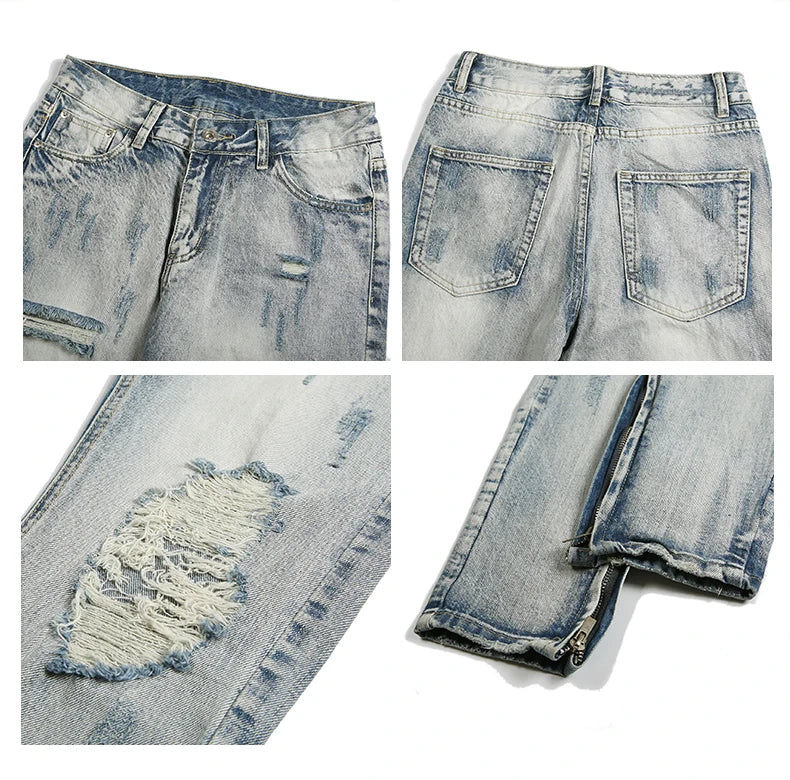 bottom zipper destroyed washed jeans skinny jeans ripped holes trousers men biker jeans fashion streetwear hip hop pants joggers unique joggers style 3020