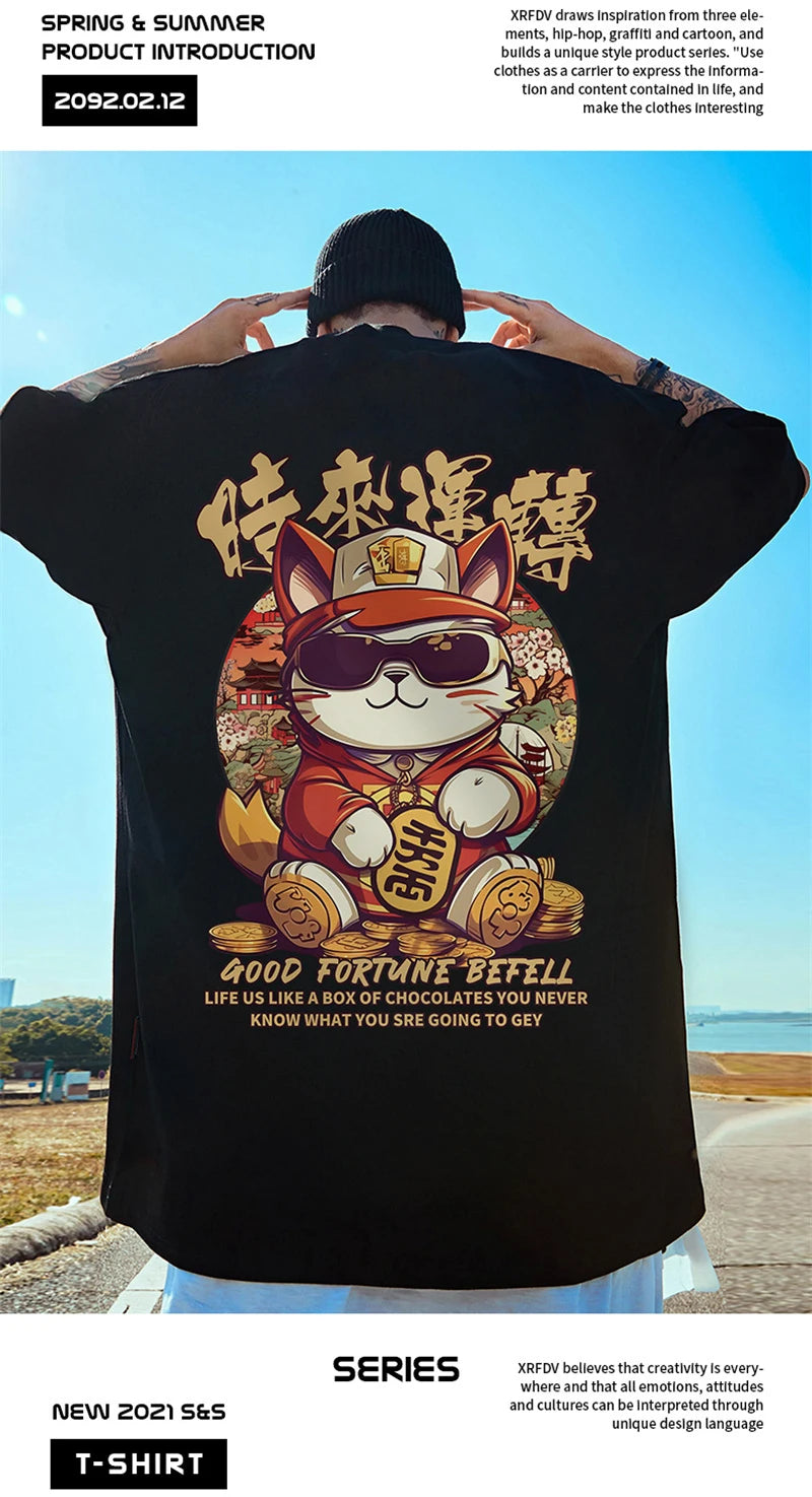 Harajuku Crying character – Good Fortune Befell Print Oversized T Shirt For Men Anime Ca