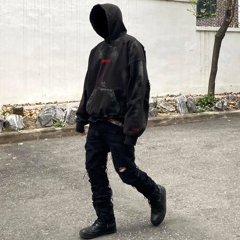 Harajuku crying character featuring new 2023 luxury men undermycar wash old holes gentleman hoodies hoody hooded sweatshirts velvet thicken hip size 1 2 3 4 559