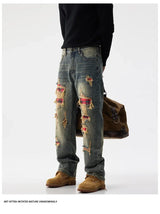 men broken hole patch loose casual plus size straight ripped denim pants jeans man streetwear fashion baggy jeans trousers unique jeans style 3159