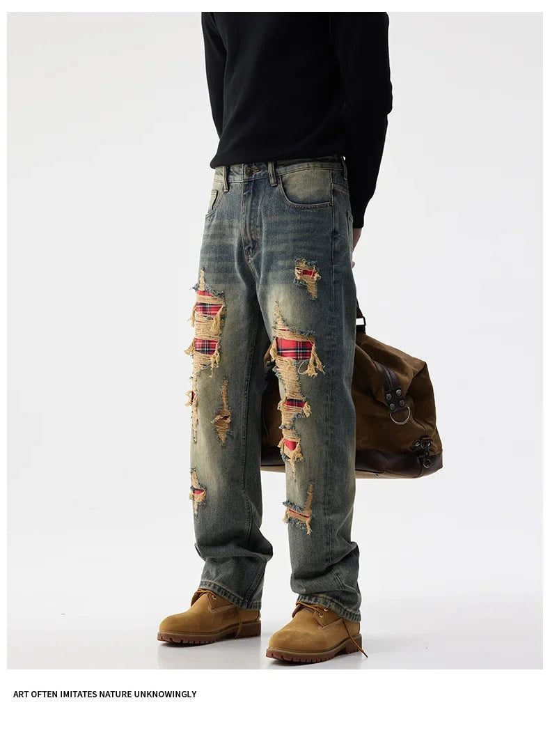 men broken hole patch loose casual plus size straight ripped denim pants jeans man streetwear fashion baggy jeans trousers unique jeans style 3159