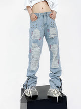 destroy ripped holes patchwork denim jeans men unisex casual rivet bottom zipper trousers jeans streetwear hip hop pants joggers sporty tapered joggers