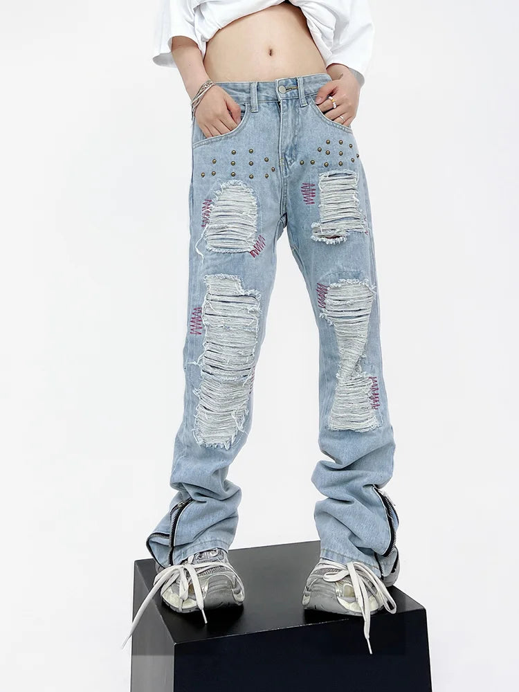 destroy ripped holes patchwork denim jeans men unisex casual rivet bottom zipper trousers jeans streetwear hip hop pants joggers sporty tapered joggers