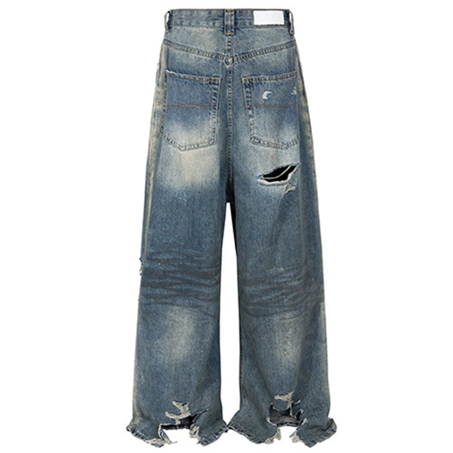 mens baggy jeans blue distressed ripped loose denim pants streetwear oversized hip hop jeans trousers denim street jeans