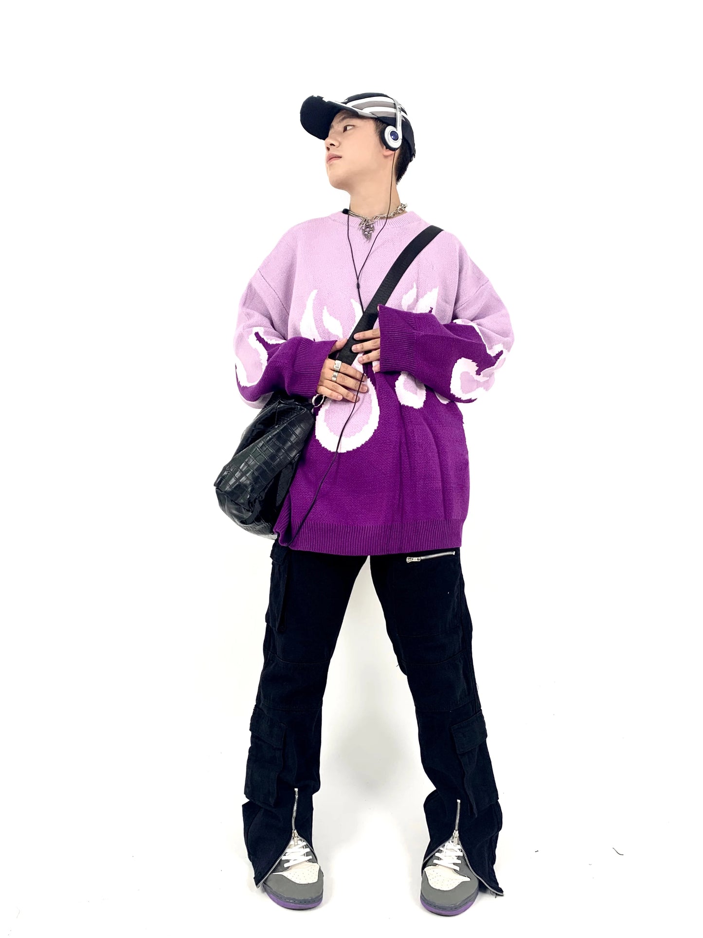 leather varsity jacket, layered cold look, cozy fashion fit, stylish street outfit, modern aesthetic appeal