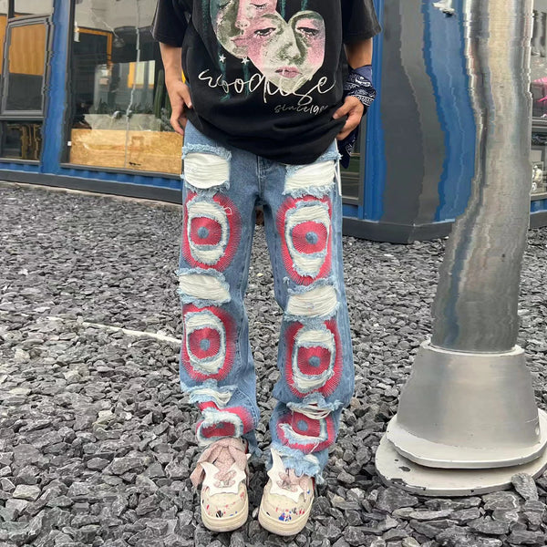 y2k streetwear embroidered ripped wide jeans for men washed destroyed torn flared jean male tassels hip hop jeans pants baggy urban skinny jeans