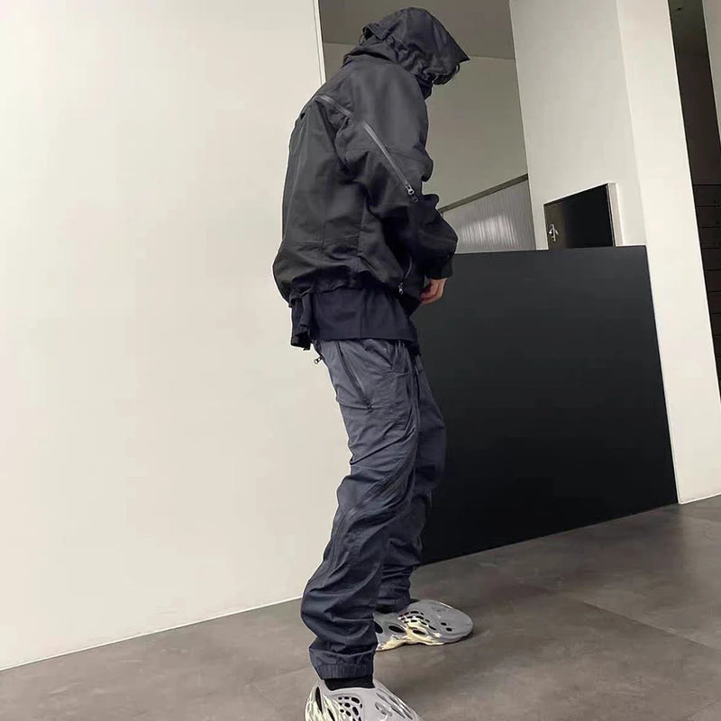 nylon deconstructed zipper up splicing cargo pant for mens black overalls streetwear function bilayer slim fit joggers pants casual joggers