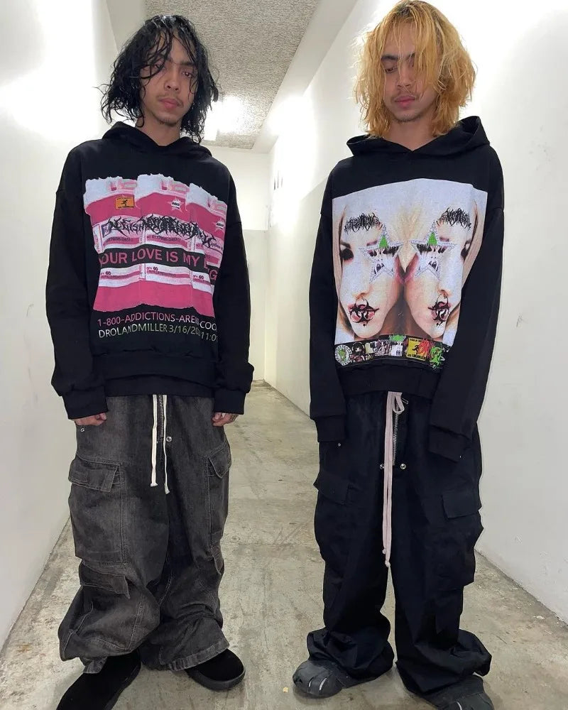 Y2K American Street Fashion Anime Letter Graffiti Print Oversized Hood