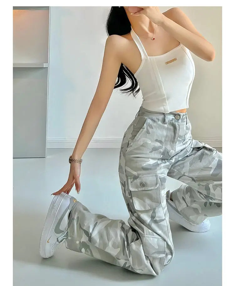 camouflage grey cargo pants women american vintage streetwear straight loose summer hiphop hot pants ins cargo pants womens 2023 unique cargo style 1164