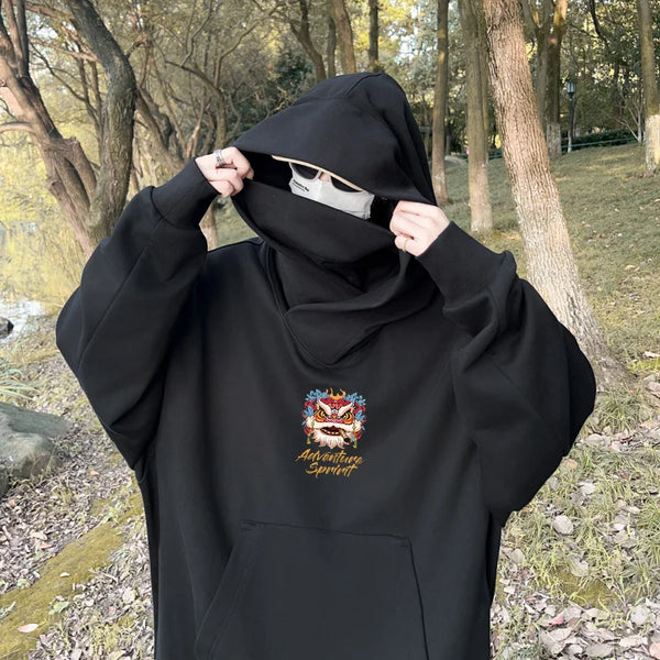 Autumn Lion Dance Graphic Ninja Hoodie Men Fleece Pocket Turtleneck Ov