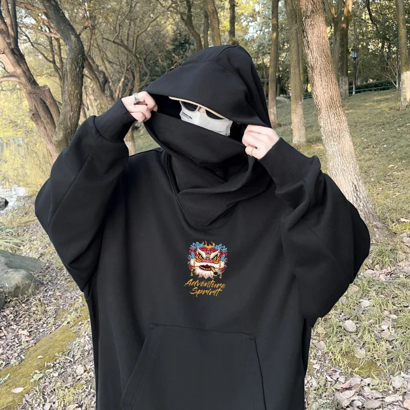Autumn Lion Dance Graphic Ninja Hoodie Men Fleece Pocket Turtleneck Ov