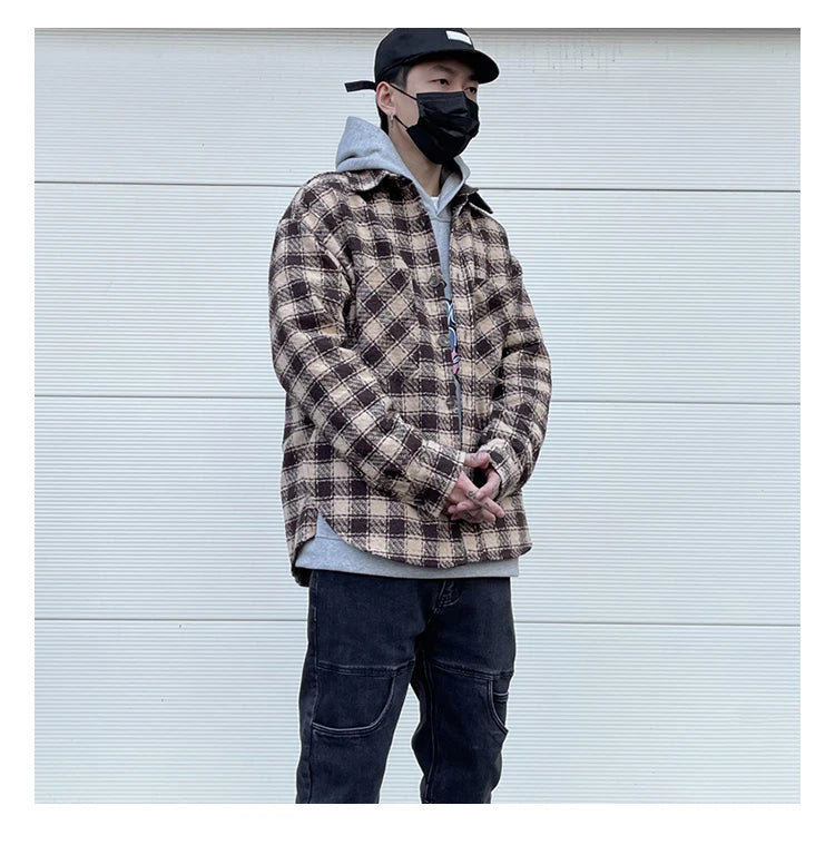 Mens Plaid Shirts New Fashion Single Breasted Hip Hop Loose Shirts Autumn Winter Casual Long Sleeve High Street Streetwear