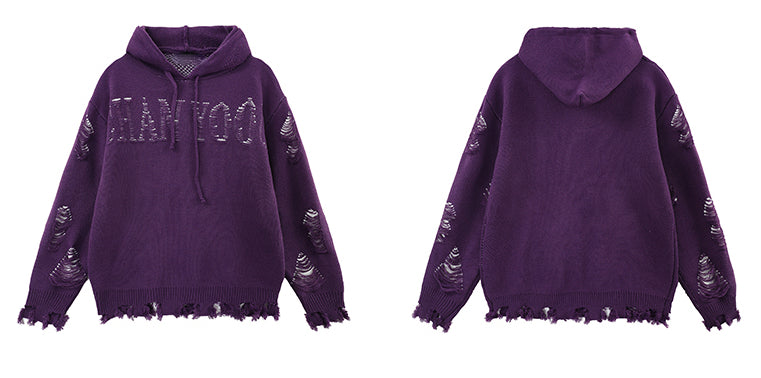 fashion ripped letter knitted hooded sweater unisex hoodies ripped bottom holes knit pullover streetwear loose sweaters clothing - graphic printed hoodie for men and women, bold artwork streetwear hoodie, vintage look oversized hoodie
