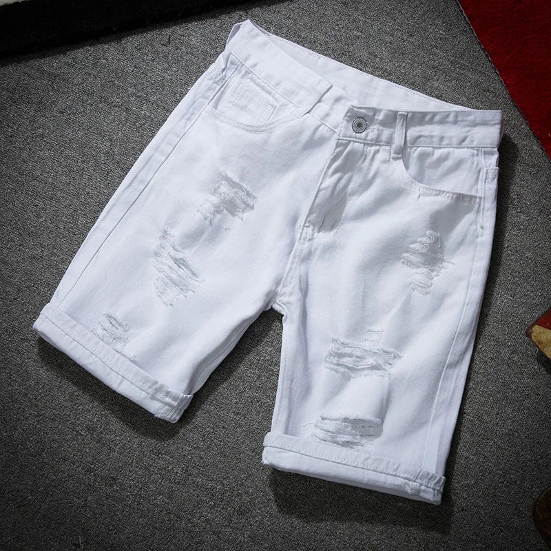 men white denim shorts new summer men holes casual shorts jeans men cotton solid slim fit shorts pants knee length pants stacked flare jeans