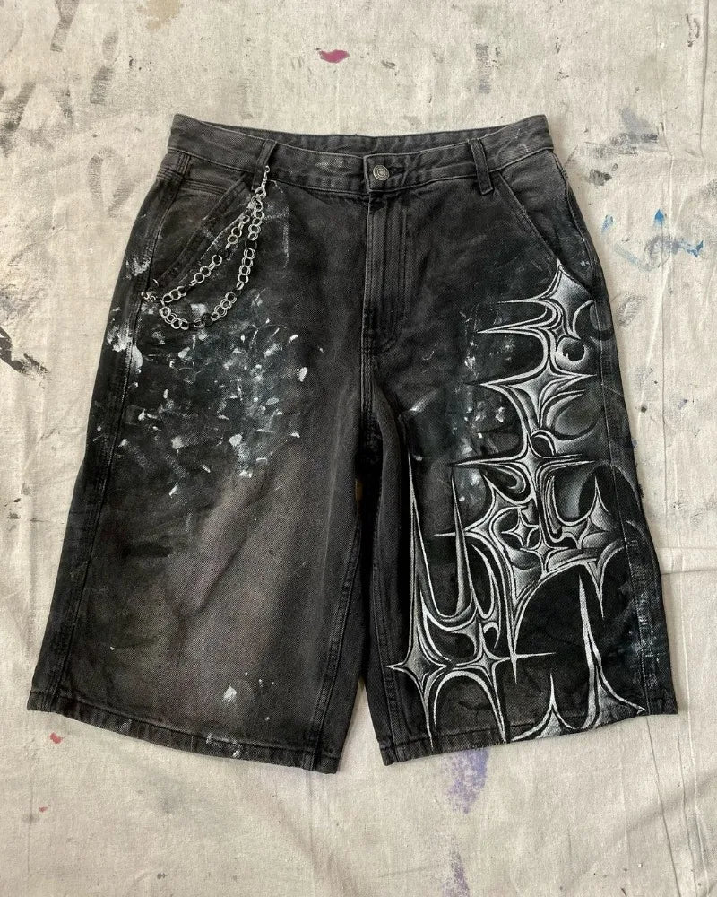 y2k american street retro graffiti anime print oversized denim shorts men shorts high waist fashion loose casual wide leg pants unique jeans style 3500