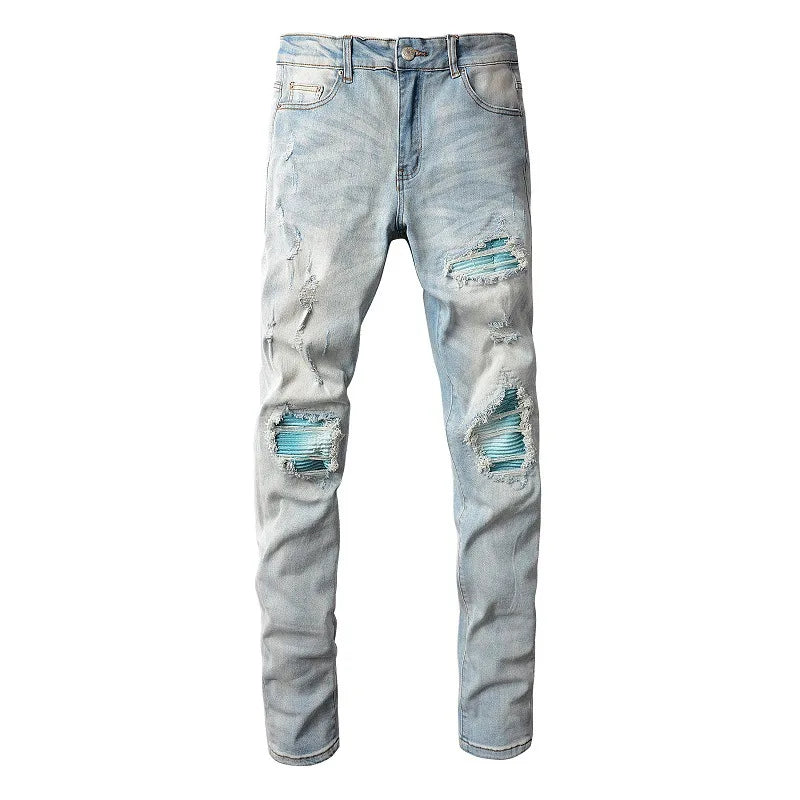 american style high street light blue ripped jeans mens pic slim fit stretch ripped skinny pants unique jeans style 1981