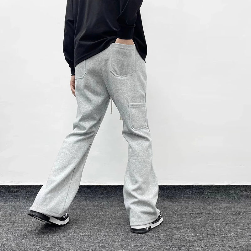 american streetwear gray flared sweatpant men double knee patch micro flare overalls harajuku casual patchwork sweat pants black relaxed fit joggers