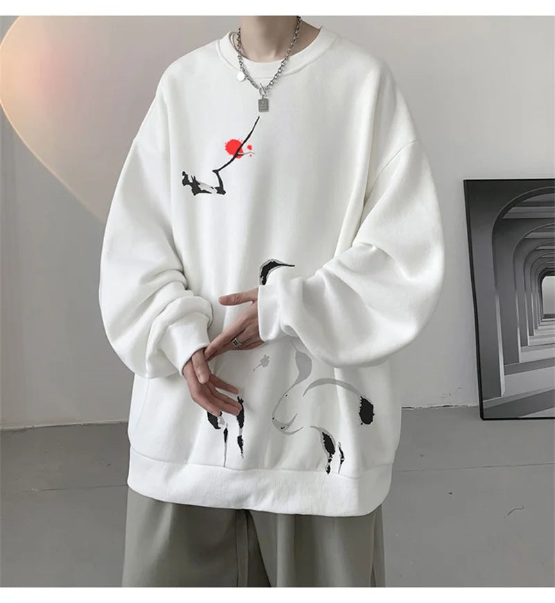 Ink Painting Cartoon Crane Printed Pullover Hoodies For Men 2024 New H