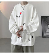 Ink Painting Cartoon Crane Printed Pullover Hoodies For Men 2024 New H