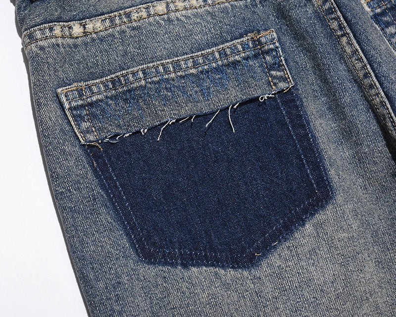 hole ripped retro straight spliced mens jeans streetwear washed pcoekts distressed denim trousers loose hip hop jean pants unique jeans style 534