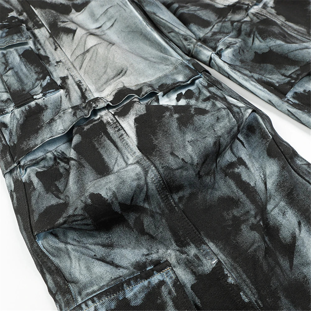 vintage dirty tie dye baggy jeans men multi pocket loose white straight jeans trousers luxury designer oversized denim pant unique jeans style 2939