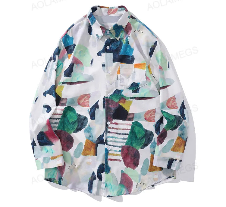 High Street Abstract Colorblock Painting Hawaiian Shirts for Men Autumn Trendy Shirt Oversized