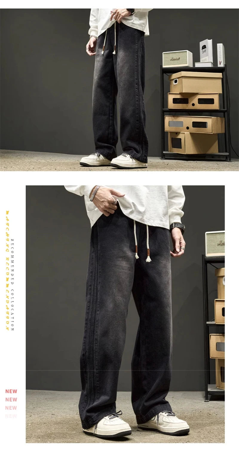 elastic waist baggy jeans for men side striped wide leg denim pants korean fashion casual trousers y2k vintage jean hombre unique jeans style 3248
