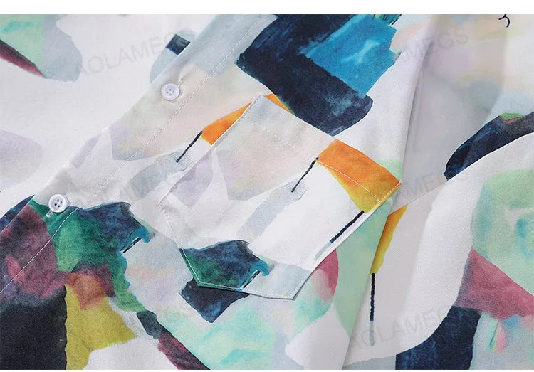 High Street Abstract Colorblock Painting Hawaiian Shirts for Men Autumn Trendy Lapel Single Breasted Long Sleeve Shirt Oversized