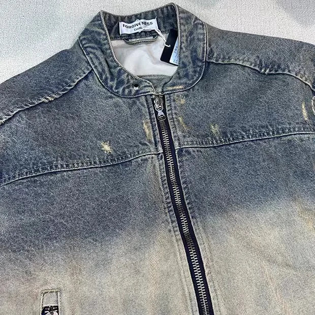 oversized fit featuring collarless wash denim motorcycle jacket design – premium quality jacket for men
