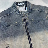 oversized fit featuring collarless wash denim motorcycle jacket design – premium quality jacket for men