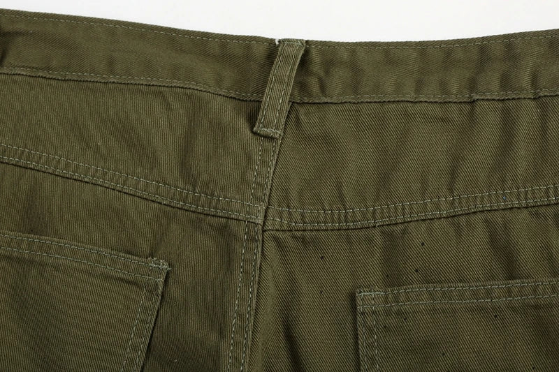 military green cargo jeans pants thin streetwear skinny micro horn ripped jeans hip hop raw edge speckle ink washed slim jeans unique cargo style 3529